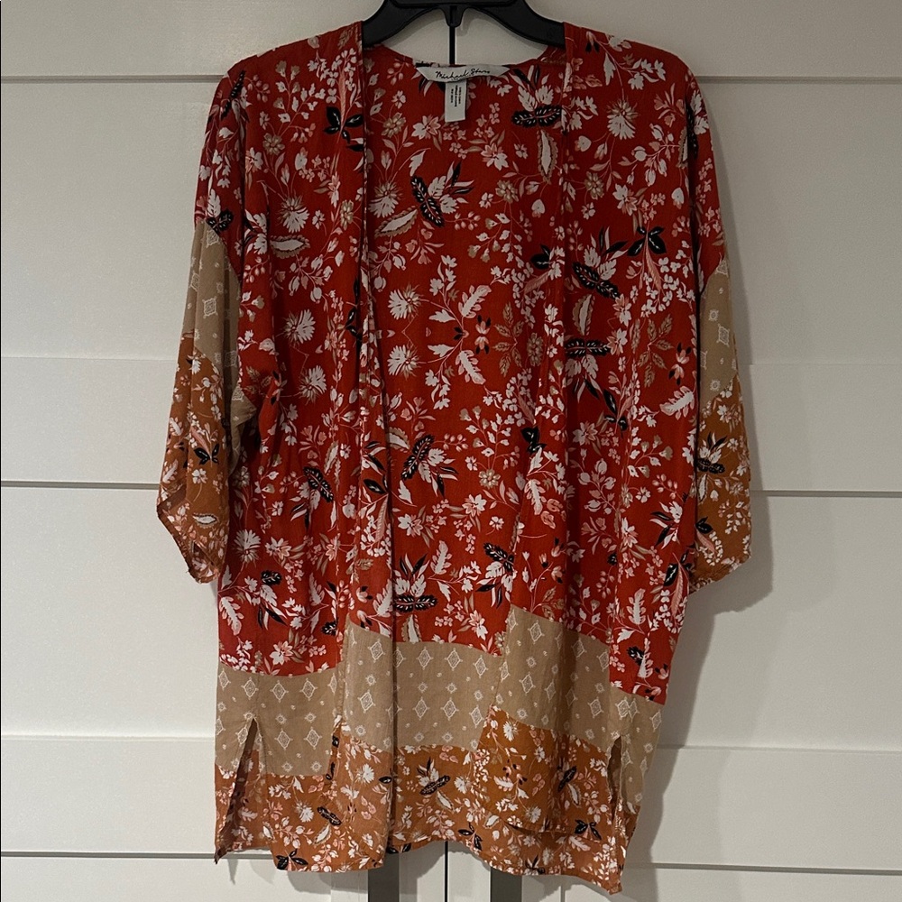Michael Stars Burnt Orange and Tan Floral Kimono